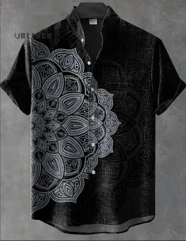 Camicia a maniche corte stampata da uomo estiva Camicia di lino vintage Festival da uomo Casual Manica corta Top Street Trend Consegna veloce