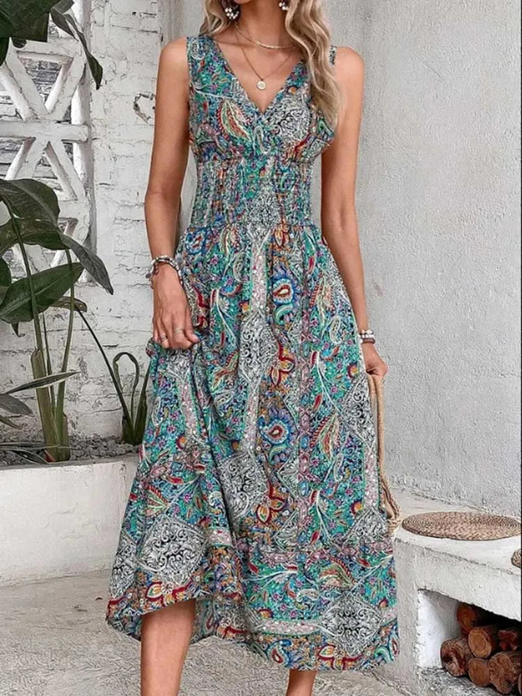 Moda senza maniche Maxi Boho Dress Donna 2024 Estate Stampa Elastico in vita Bohemian Elegante Canotta Abiti lunghi per le donne Robe Femme