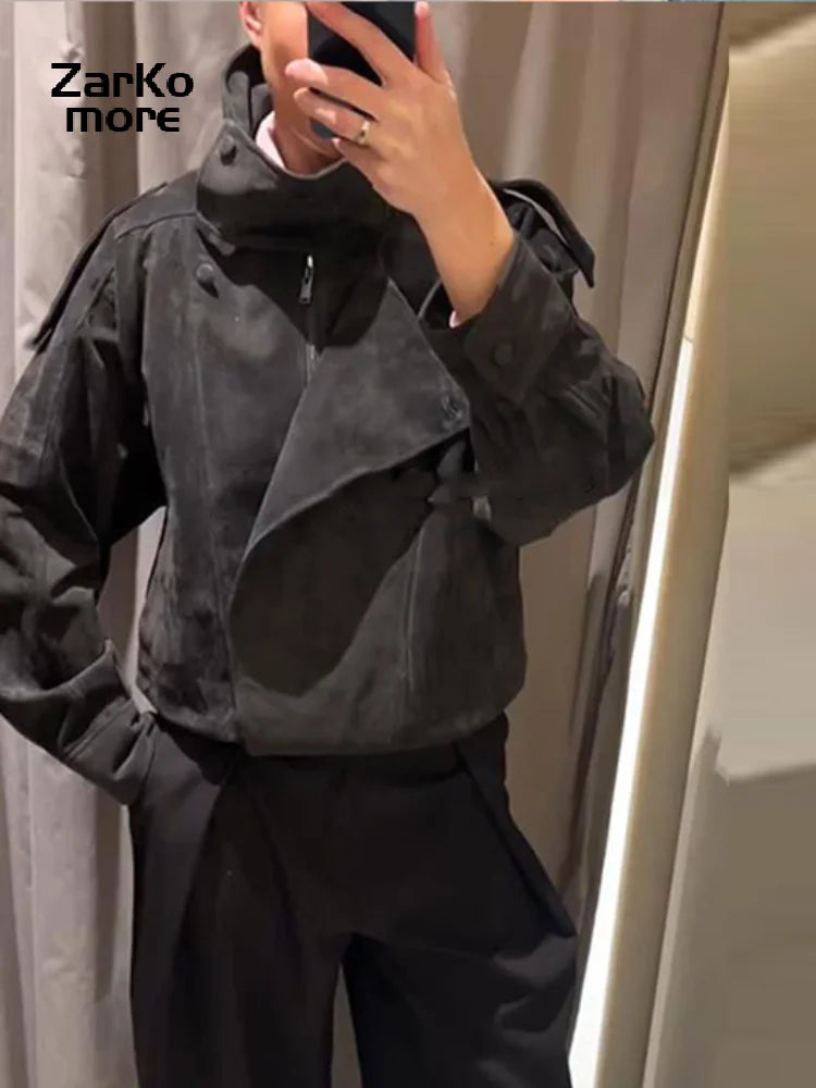 Giacca bomber da donna in camoscio grigio scuro, con colletto alla coreana, maniche lunghe, oversize, asimmetrica, stile street, giacche da donna autunno 2026