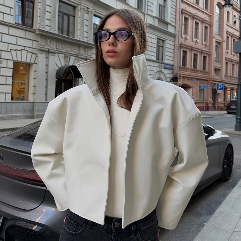 Cappotto da donna ampio a tinta unita, a maniche lunghe, con collo alto, top corto, moda estiva autunnale 2026, capospalla femminile streetwear