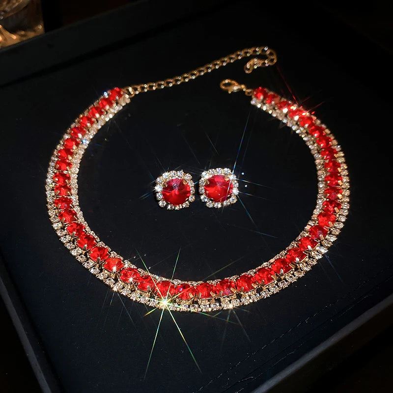 Orecchini a bottone con collana di strass verdi di lusso per le donne collane con Choker di cristallo Set di gioielli per banchetti di matrimoni di moda da donna