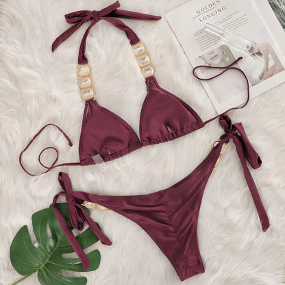 2025 Costume da bagno da donna in 2 pezzi con stringhe di strass e bikini sexy da spiaggia
