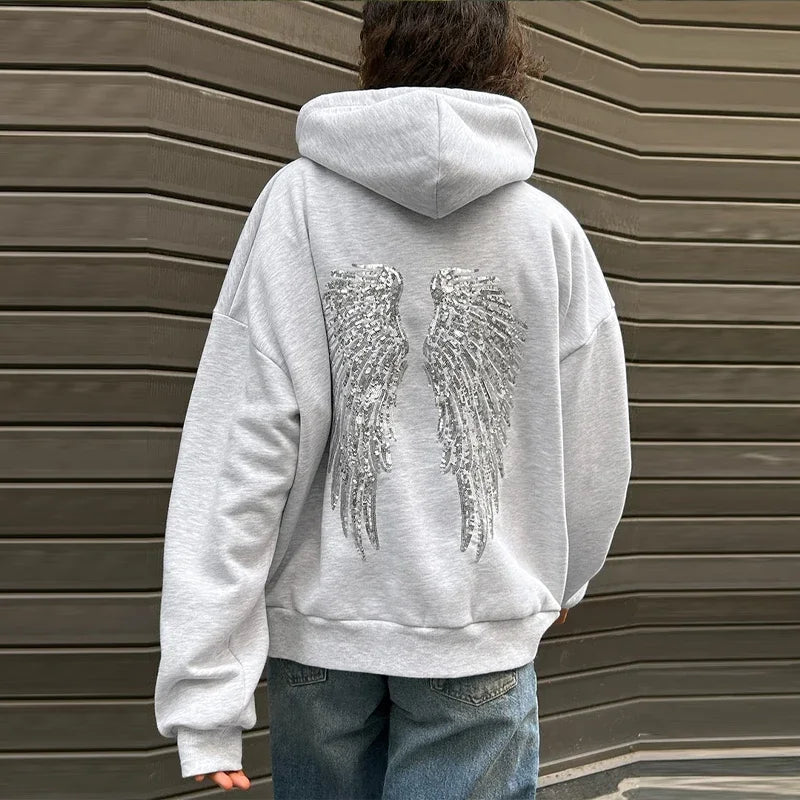 Felpe con cappuccio con ali d'angelo con paillettes Pullover a maniche lunghe allentati da donna Top pantaloni da yoga dimagranti Set 2025 New Casual Lady Set da due pezzi