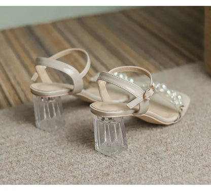 Damen-Sommersandalen 2026 Neu mit Perlen High Heels Pantoletten Mädchen mit Kristallabsatz Trendige transparente Sommerschuhe