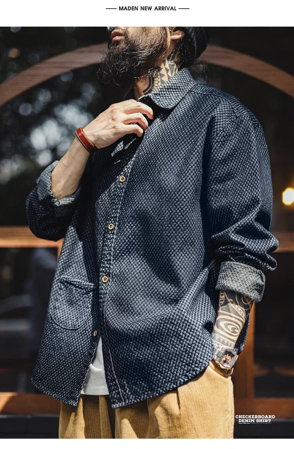 Maden Camicia di jeans a maniche lunghe ampia retrò Giacca monopetto con risvolto a quadretti per uomo Capispalla versatile primaverile e autunnale