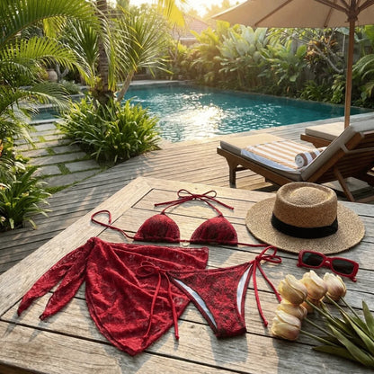 Badeanzug Neckholder Sexy Brasilianischer Bikini Set Pareo Nylon Spitze Bikinis Netz Rot Dreiteilige Bademode Sommer
