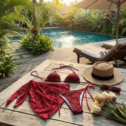 Badeanzug Neckholder Sexy Brasilianischer Bikini Set Pareo Nylon Spitze Bikinis Netz Rot Dreiteilige Bademode Sommer
