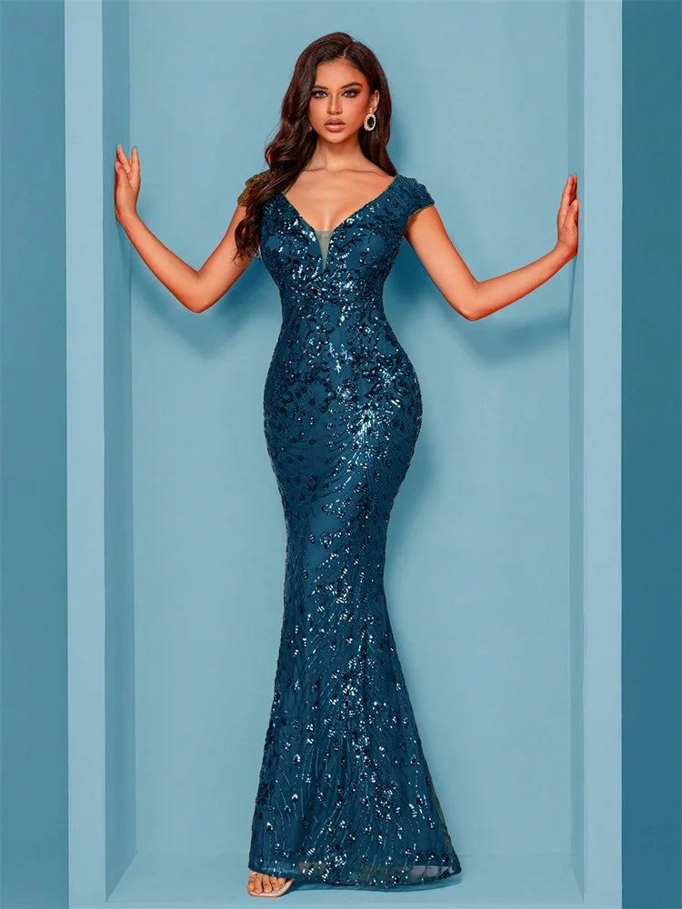 Elegante abito da sera blu per donna lungo 2025 abiti da cocktail per feste di nozze con paillettes formali a sirena di lusso