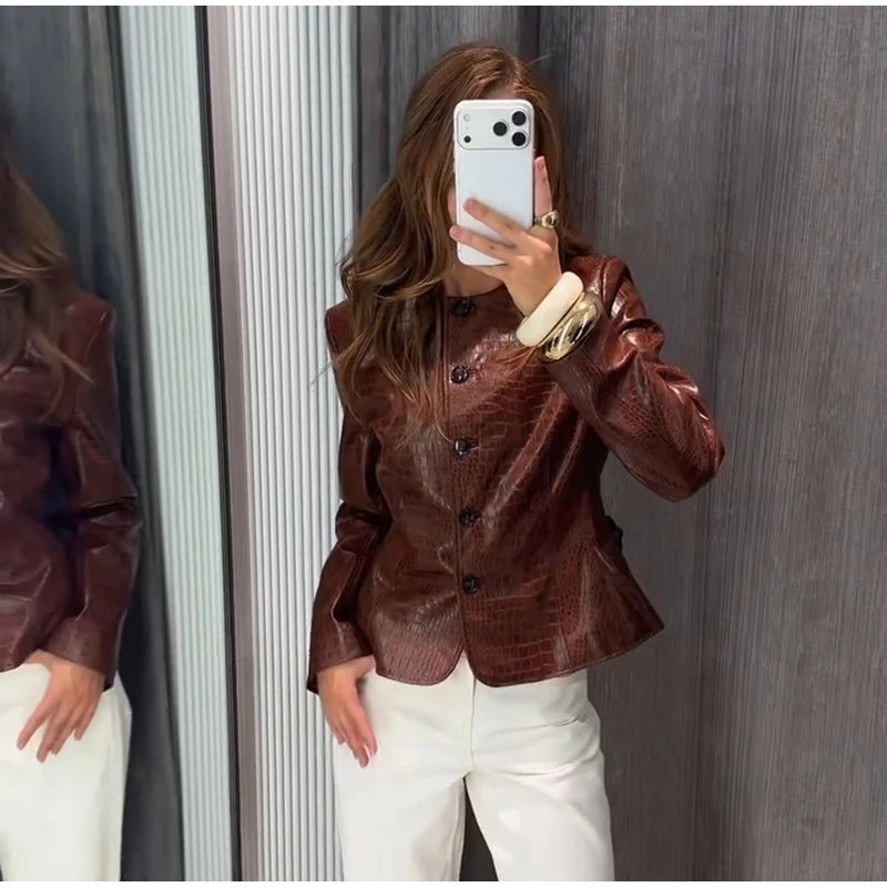 Giacca da donna in pelle PU tinta unita con colletto alla coreana e bottoni, cerniere, cappotto da donna, moda autunno 2026, capospalla femminile streetwear