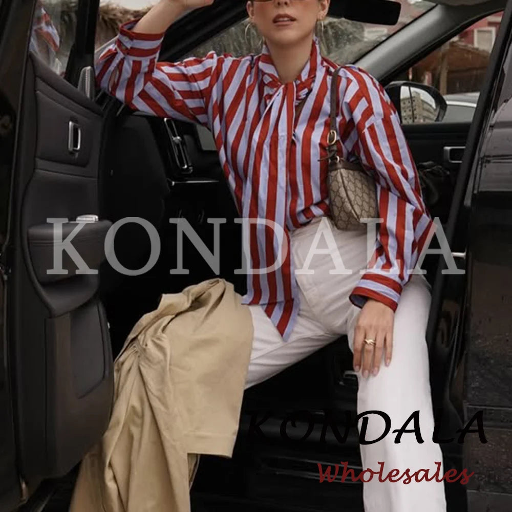 KONDALA Camicia Vintage a Righe con Fiocco da Donna, Casual, Asimmetrica, Moda Primavera 2026, Camicia Monopetto, Streetwear Chic Femminile