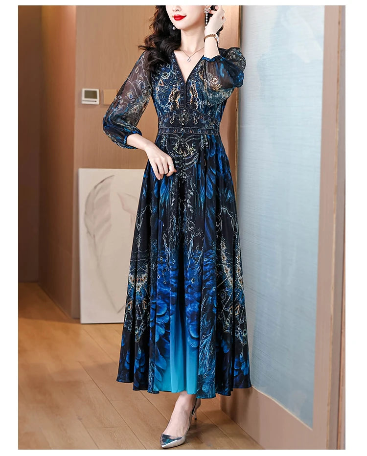Vacanza primaverile Boho Beach Hepburn Maxi Abiti 2025 Stampa vintage da donna Elegante abito da sera estivo in seta di lusso