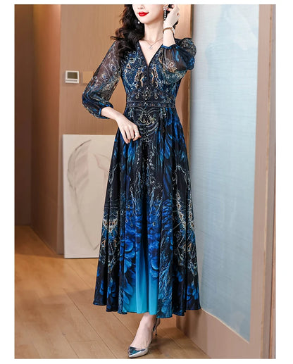 Vacanza primaverile Boho Beach Hepburn Maxi Abiti 2025 Stampa vintage da donna Elegante abito da sera estivo in seta di lusso