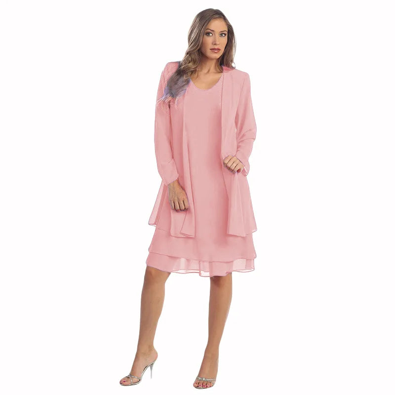 2 pezzi abito in chiffon set donna casual manica lunga cardigan solido abito elegante abiti da festa da sera da sposa abbigliamento abiti