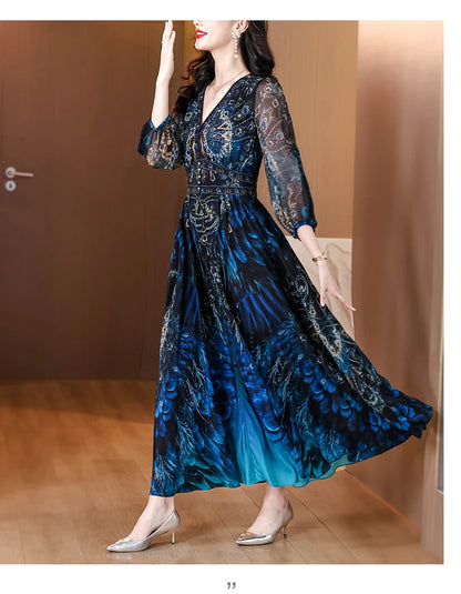 Vacanza primaverile Boho Beach Hepburn Maxi Abiti 2025 Stampa vintage da donna Elegante abito da sera estivo in seta di lusso