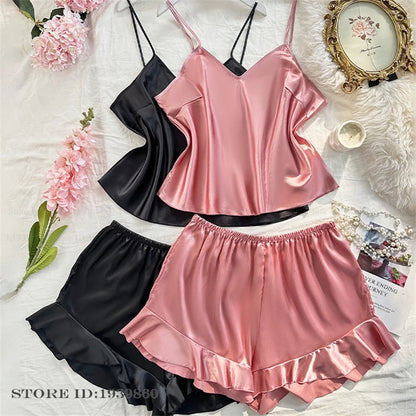 Plus Size 3XL 4XL 5XL Pigiama 2 pezzi Set cinturino sexy Top e pantaloncini Pigiama Completo Lingerie Estate Indumenti da notte in raso Stampa fiore Homewear