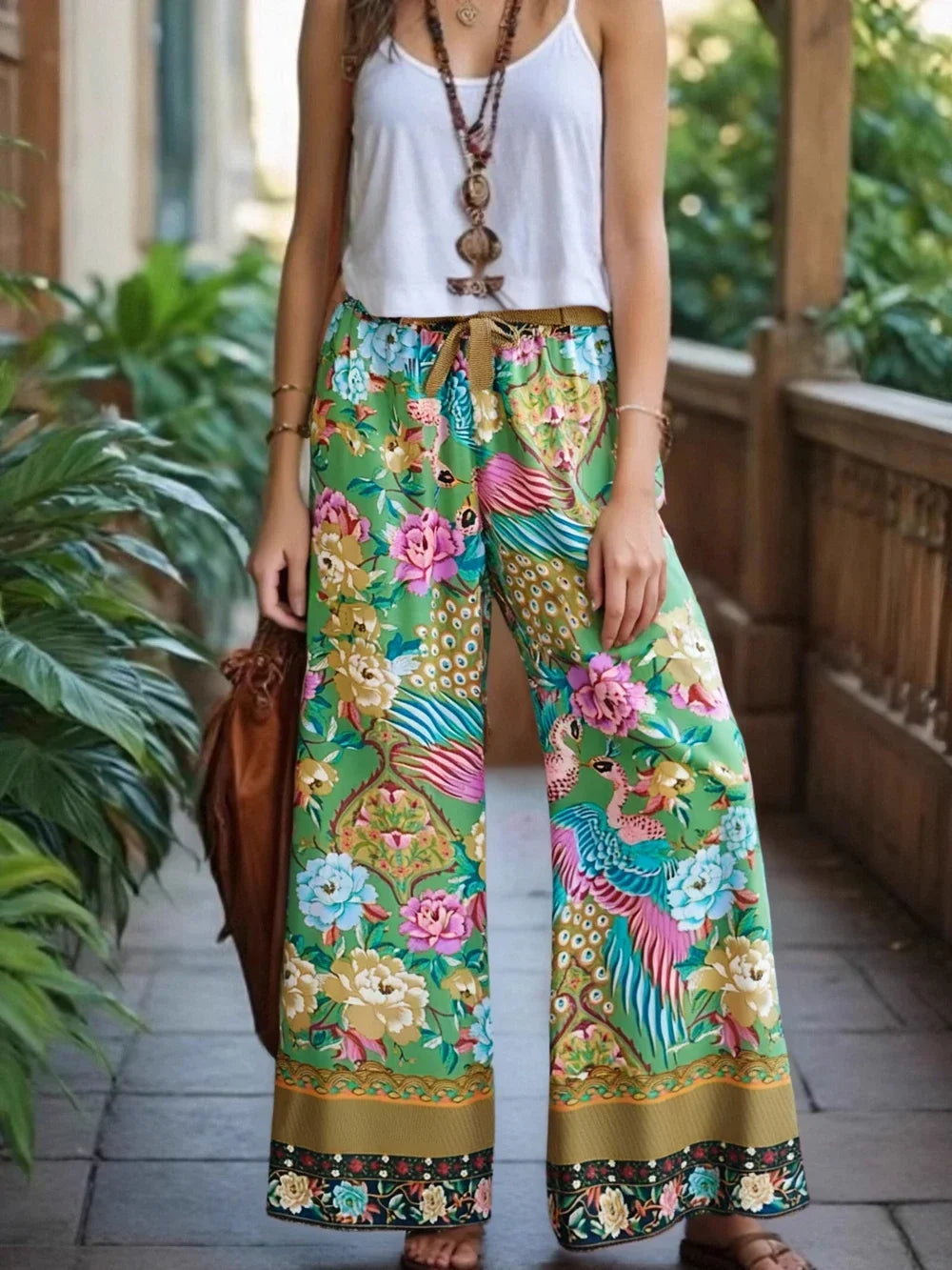 Boho Queens Donna Pavone Stampa floreale Pantaloni a gamba larga bohémien Lady Elastico in vita Sciolto Rayon Boho Pantaloni lunghi Pantaloni oversize