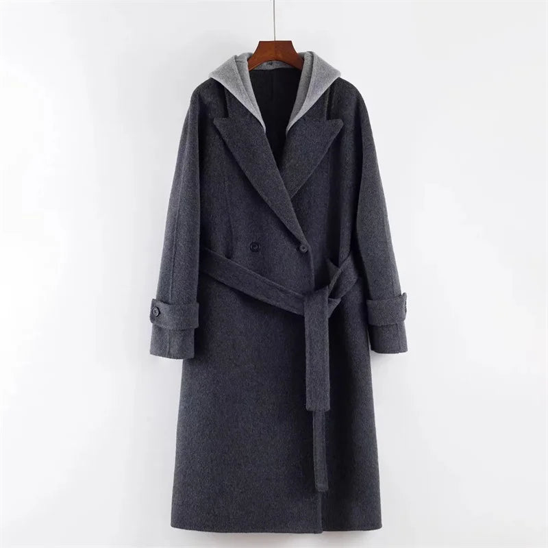 Giacca Invernale da Donna a Maniche Lunghe in Lana, Cappotto Casual di Alta Qualità per l'Autunno, Moda Coreana Femminile, Cappotto in Lana con Cappuccio e Vestibilità Comoda