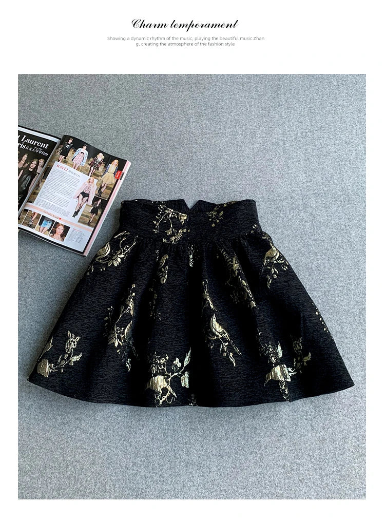 Gonna jacquard oro nero Gonna a trapezio slim fit a vita alta Primavera Estate Nuova gonna corta Gonna da ufficio squisita alla moda