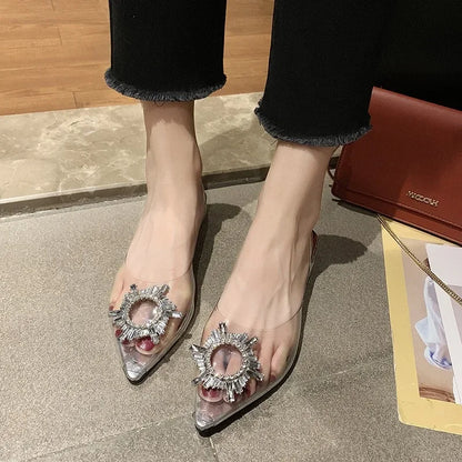 Sandali con tacco alto a punta da donna estivi Pantofola in vetro trasparente Tacco spesso Scarpe alla moda a forma di vetro da vino