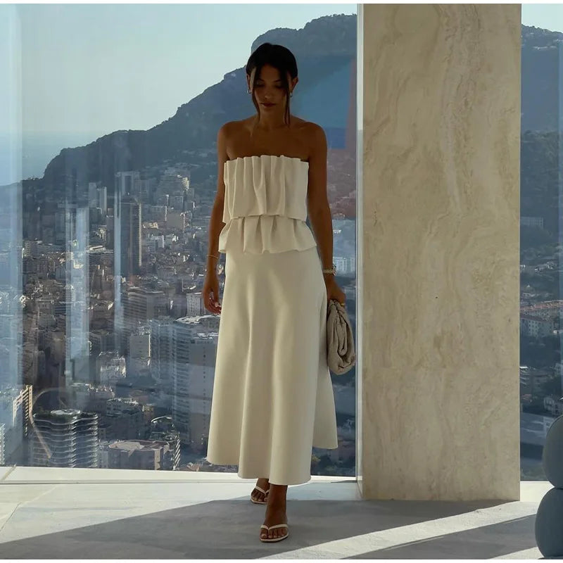 Abito lungo senza spalline con pieghe a strati sexy Abito da donna slim fit con spalle scoperte Abito senza maniche a trapezio Abito da sera estivo femminile