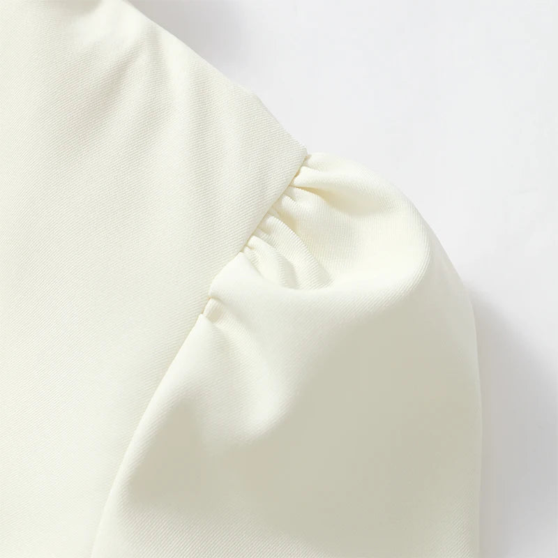 Completo di Top Corto e Gonna Midi in Tulle Bianco, Lussuoso, con Scollo a V, Maniche Lunghe a Sbuffo, Vestibilità Slim, Collezione Primavera 2026, per Appuntamenti e Ufficio