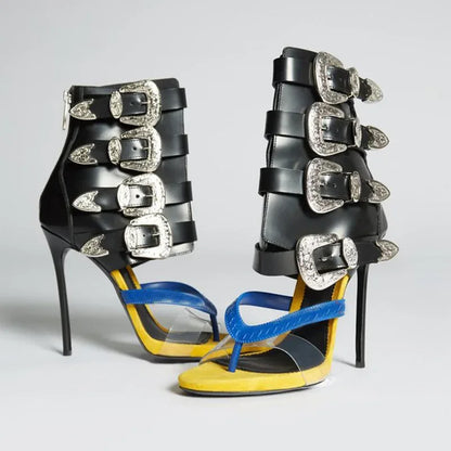 Sandales d'été à talons hauts pour femme, sandales à talons hauts pour femme avec bout pointu, décoration en métal, bride à boucle en PVC, tongs, chaussures sexy à talons hauts pour femme