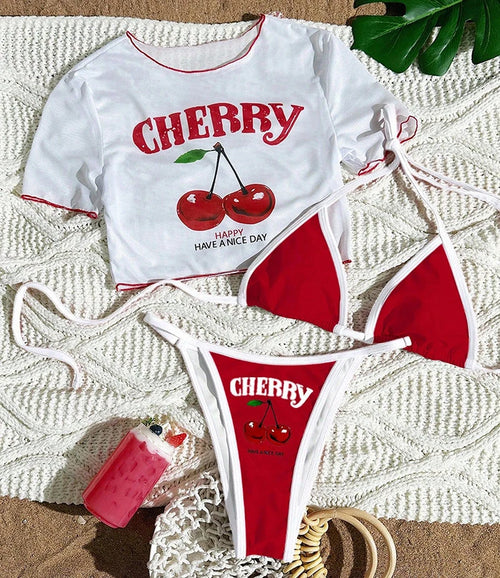Sexy Thong Bikini 2026 Women Cherry Print Bikinis Short Sleeve Three-pieces Split Bathing Suit Summer Lace Up Swimsuit Beachwear