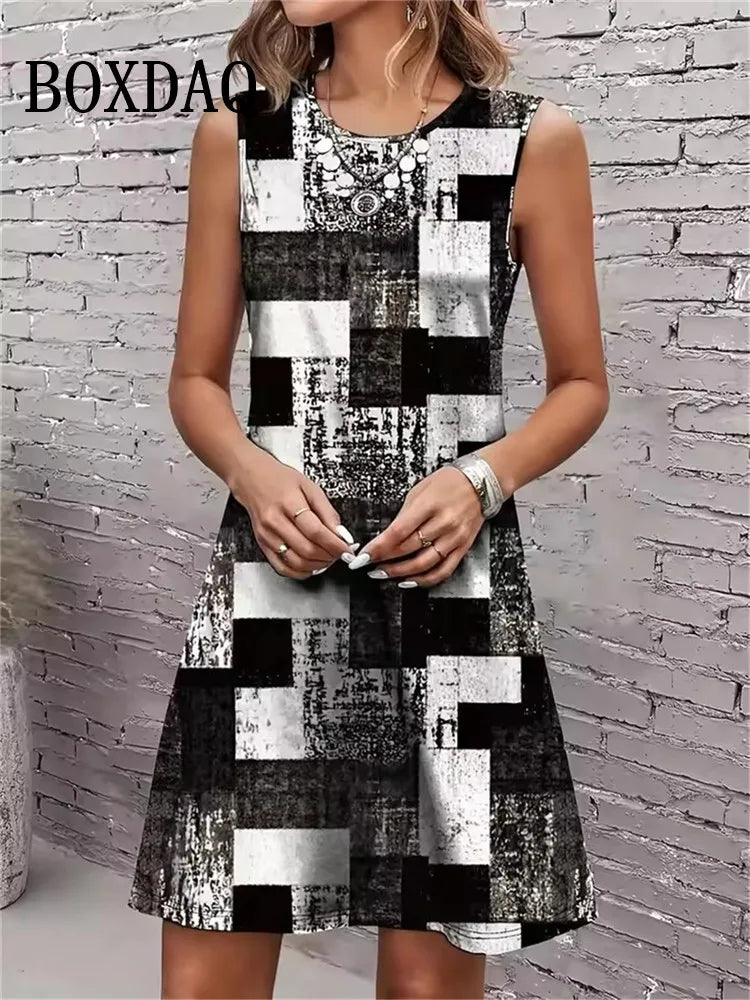 Abiti con stampa a righe Abiti estivi eleganti da donna Moda Abito a trapezio senza maniche allentato 2025 Vestito estivo Abito casual taglie forti