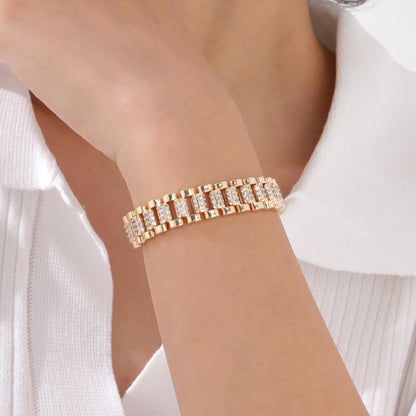 Bracciale a catena con graffetta Cinturino per orologio con zirconi placcati in oro 14 carati Collegamento grosso Gioielli impilabili regolabili per regalo per ragazza da donna