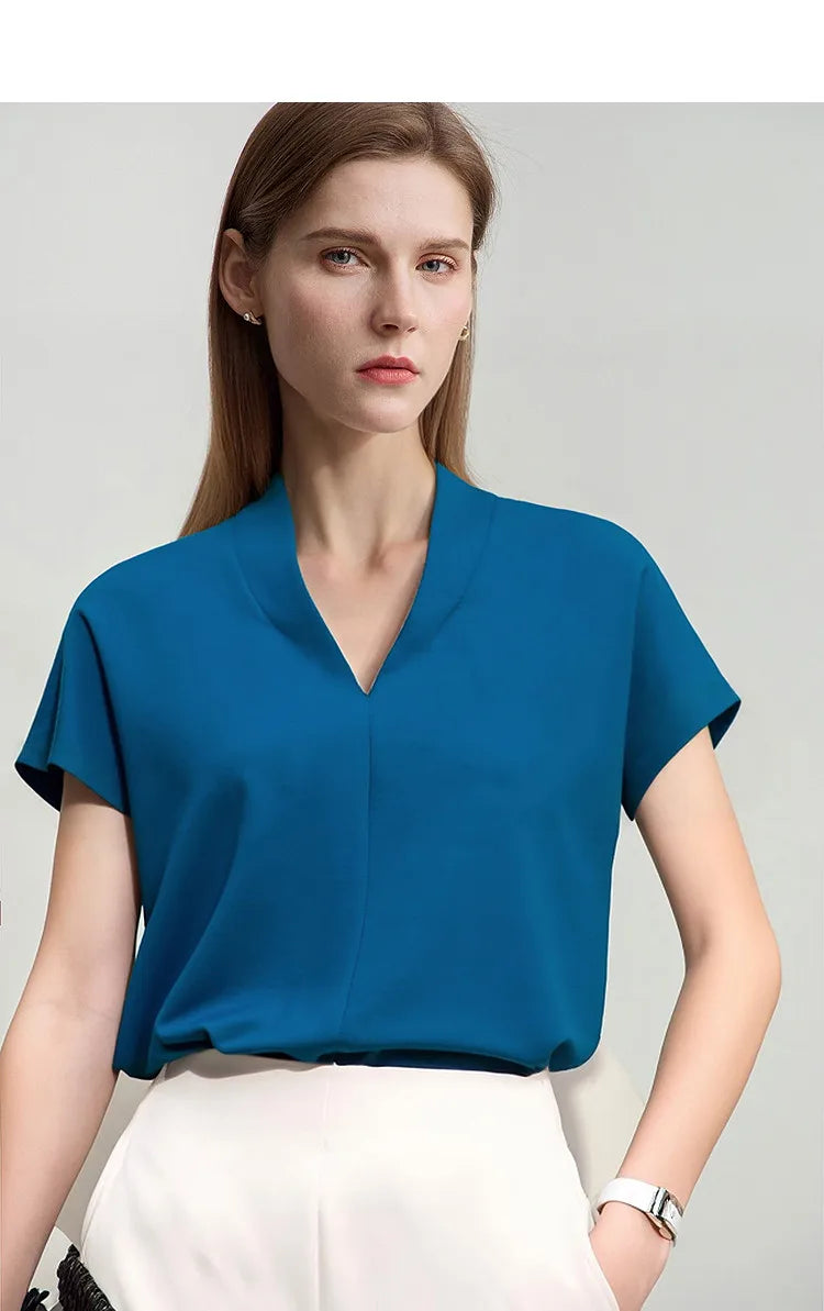 AMII Minimalism 2026 T-shirt Estiva da Donna Stile Classico Casual Scollo a V Manica Corta Tinta Unita Elasticizzata Top e Magliette Femminili 12312013