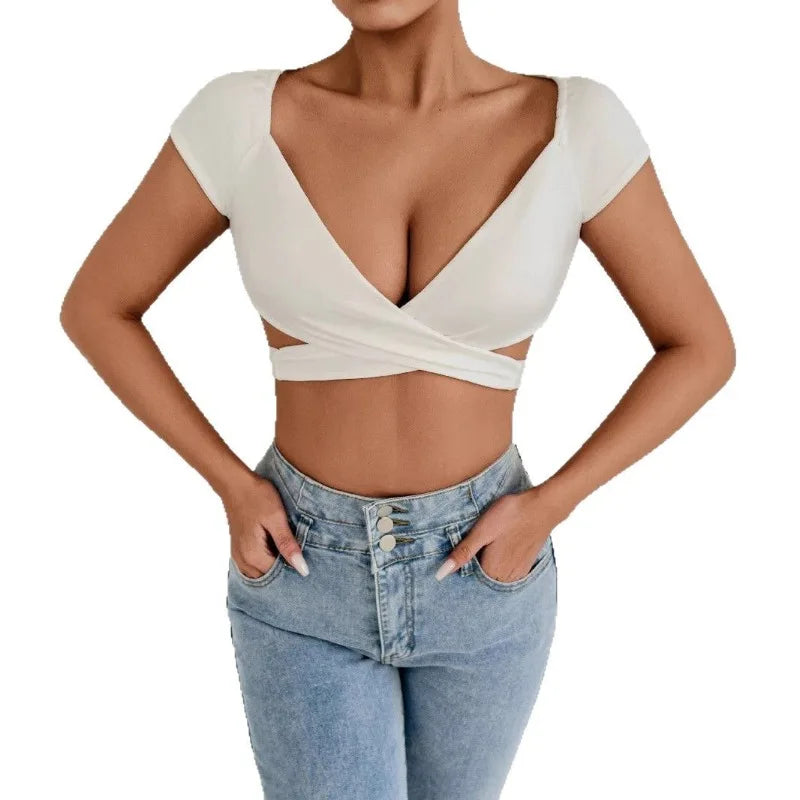 T-shirt d'été sexy à col en V pour femme, top court push-up taille haute en mélange extensible, tenue quotidienne de club, plage, élégant, pour courbes