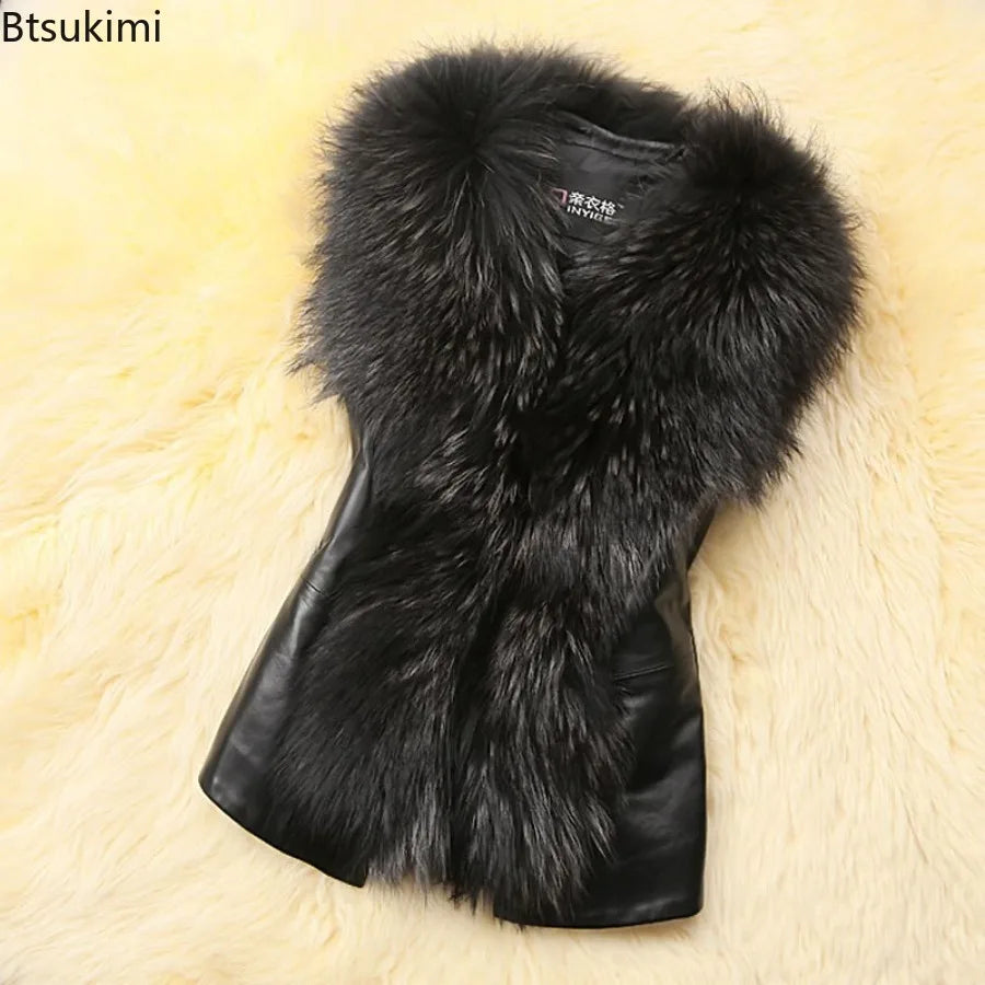 Nuove donne di inverno gilet di pelliccia femminile gilet di pelle PU 2026 nuove signore in pelle PU splicing collo di pelliccia di volpe sintetica giacca senza maniche