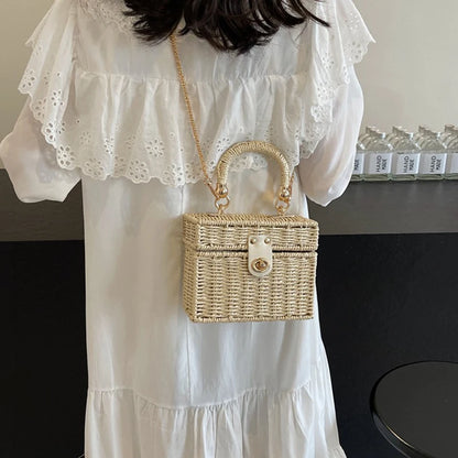 Borsa a tracolla in paglia di rattan Borsa a tracolla intrecciata a mano da donna Borsa a tracolla in paglia con scatola quadrata da spiaggia estiva per signora Bolsa Feminina