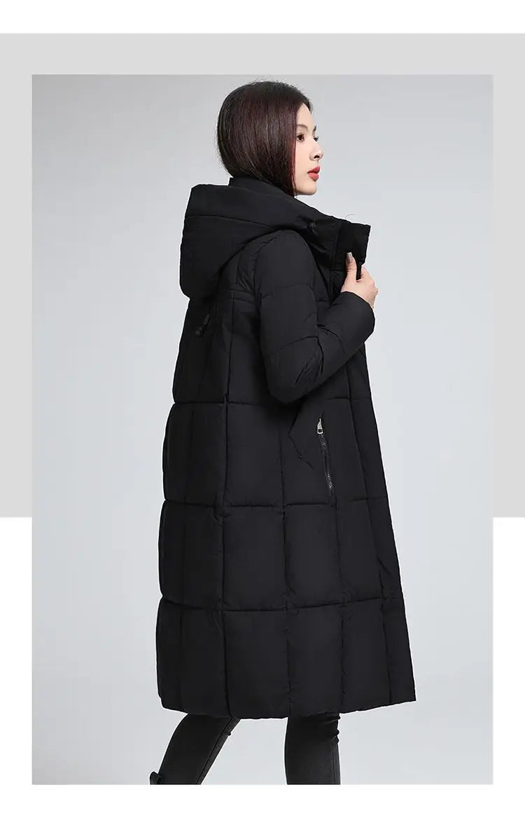 Caldo piumino in cotone da donna Inverno 2025 Nuova versione coreana Cappotto lungo con cappuccio allentato Cappotto Parka spesso antivento femminile