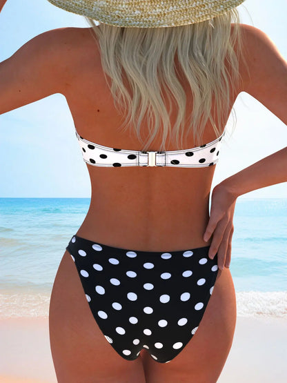 Sexy Bandeau-Bikini 2026 Damen Weißer Polka Dot Print V-Bügel Push-Up Triangel-Badeanzug Sommer Badeanzug 2-teilige Bademode