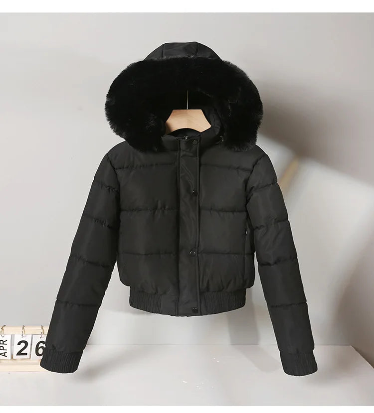 Parka corti invernali da donna, abbigliamento imbottito in cotone, capi esterni più spessi con interno in velluto, cappotti con collo in pelliccia e cappuccio removibile, giacche calde.