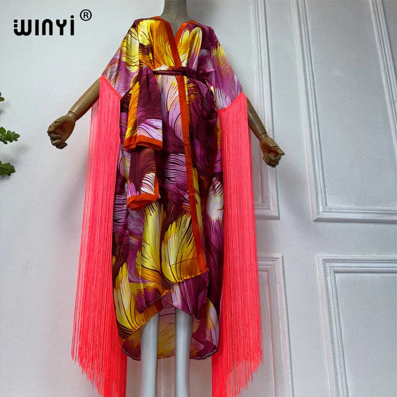 WINYI summer kimono boho summer dress beachwear bohemian print Bikini Cover-up Cardigan sexy Holiday long Sleeve tassels dress