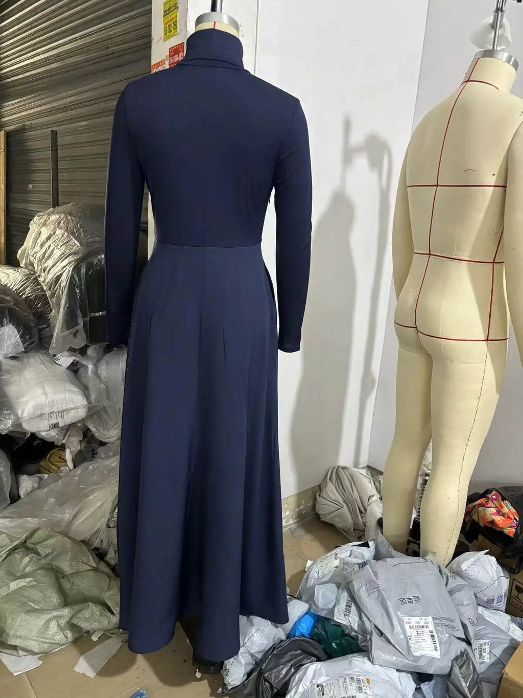 Abito Cerimonia Donna Tinta unita Collo alto Manica lunga Vita Abito Donna Autunno Inverno Orlo Abito lungo Abiti Formales Mujer