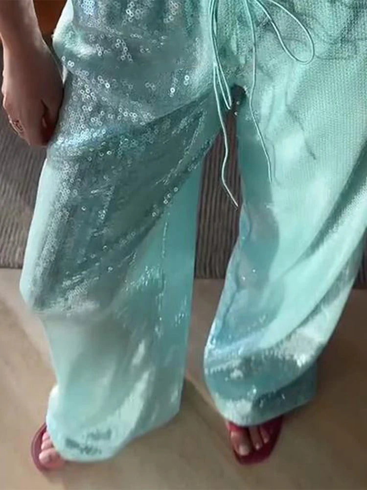 Pantaloni da donna con paillettes, vita bassa elastica, gamba larga, con lacci, estivi 2026, lucidi, vestibilità ampia, per club e feste
