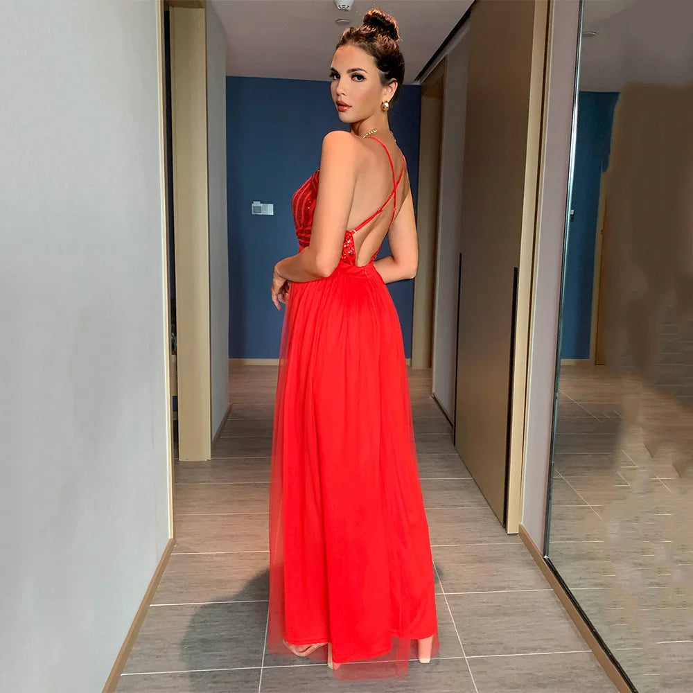 Sexy slip senza schienale Corsetto con paillettes maxi abito estivo da donna maglia lunga aderente rosso abito da festa di Natale abiti da sera da damigella d'onore