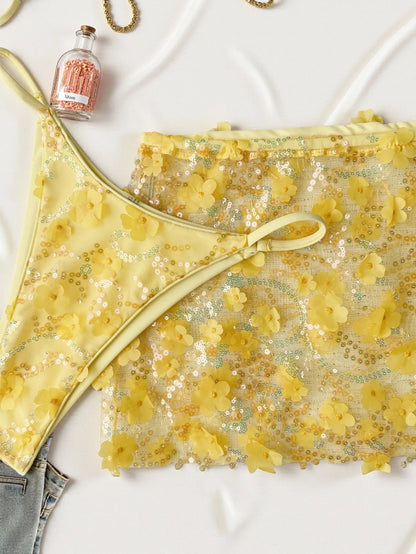 Costume da bagno a 3 pezzi con gonna in rete rosa con paillettes, reggiseno push-up e perizoma, stile brasiliano, per donna, ideale per le vacanze.