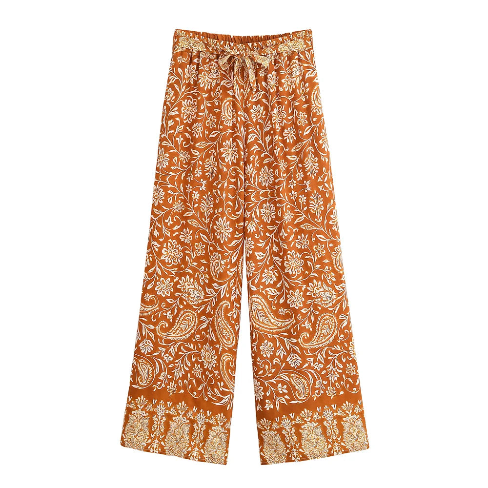 Boho Queens Donna Abiti con stampa floreale marrone Kimono Abito Abiti bohémien Pantaloni a gamba larga 2 pezzi Rayon Boho Set costume da bagno