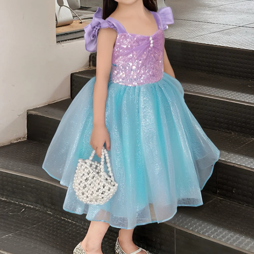 Costume da spettacolo con paillettes Abiti da principessa per ragazza Gonna a rete con fionda Abito da ragazza di compleanno Abiti da ragazza per feste a tema sirena