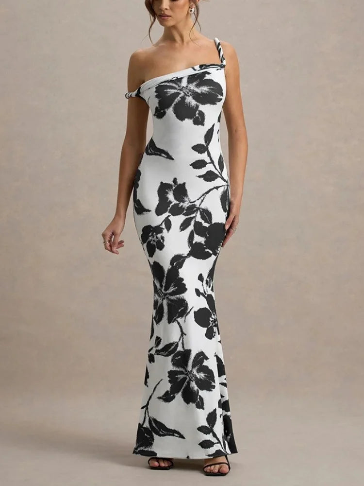 Summer Sexy Print Off-Shoulder Evening Dress Fashion Women Elegant Slim Fit Long Dresses