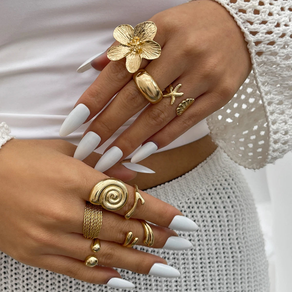 Ingemark 8 Pz/set Vintage Metallo Petalo Fiore Goccia D'acqua Anelli Aperti per Le Donne di Tendenza 2025 Goth Anello Geometrico Regalo Dei Monili Quotidiani