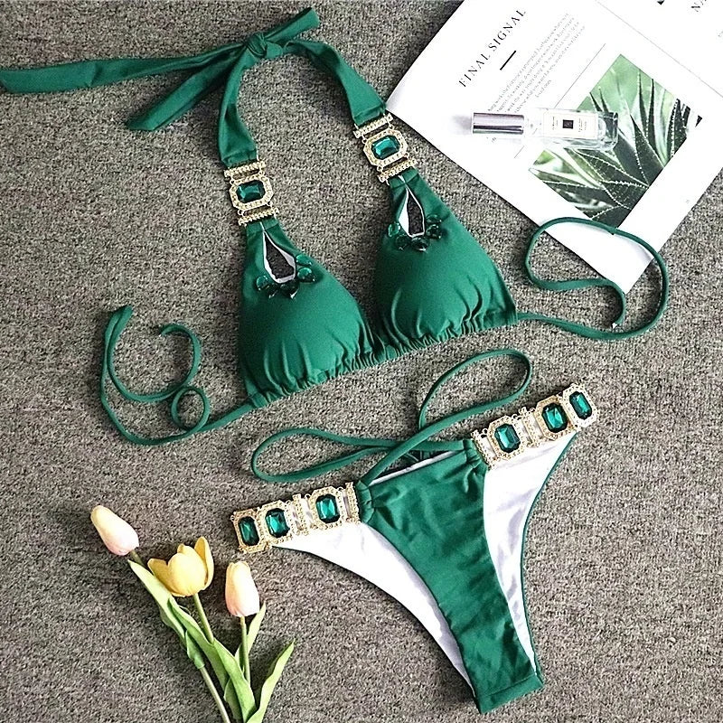 nuovo costume da bagno in due pezzi con strass 2026 cristallo di lusso perizoma Sexy perizoma Bikini Set costumi da bagno da donna costume da bagno Sexy da spiaggia
