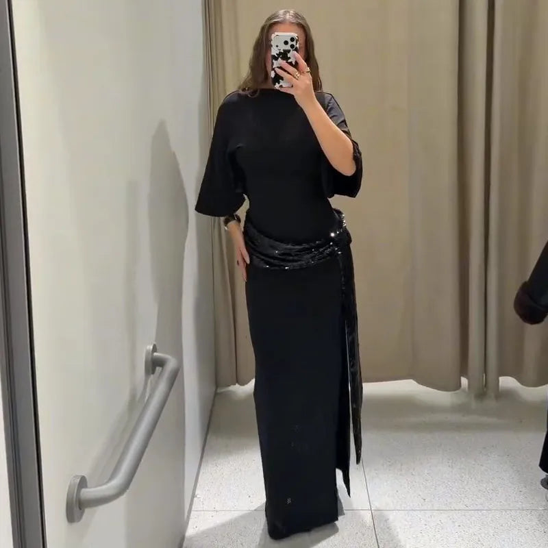 Sexy profondo scollo a V patchwork di pizzo con paillettes abito lungo da donna sottile senza maniche backless hip pacchetto abiti 2026 primavera abito da festa della signora