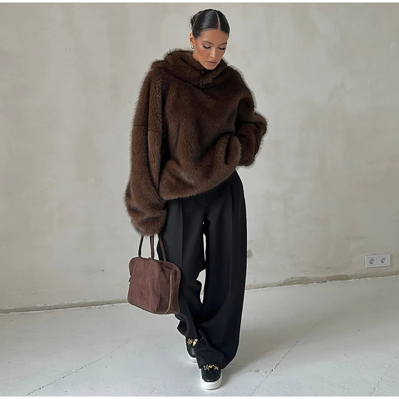 Cappotto da donna in pelliccia sintetica marrone con cappuccio Giacca da tasca a maniche lunghe di lusso oversize Lady 2025 Autunno Inverno Chic Street Capispalla