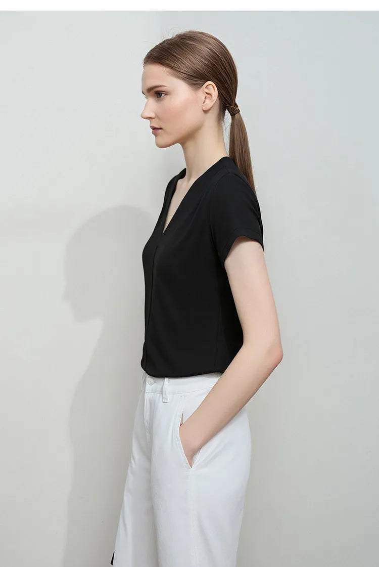 AMII Minimalism 2026 T-shirt Estiva da Donna Stile Classico Casual Scollo a V Manica Corta Tinta Unita Elasticizzata Top e Magliette Femminili 12312013