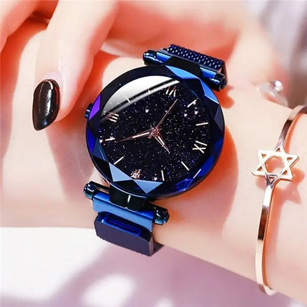 Orologi da donna con cielo stellato alla moda, fibbia magnetica, cintura in rete, orologio al quarzo con diamanti, orologio da donna